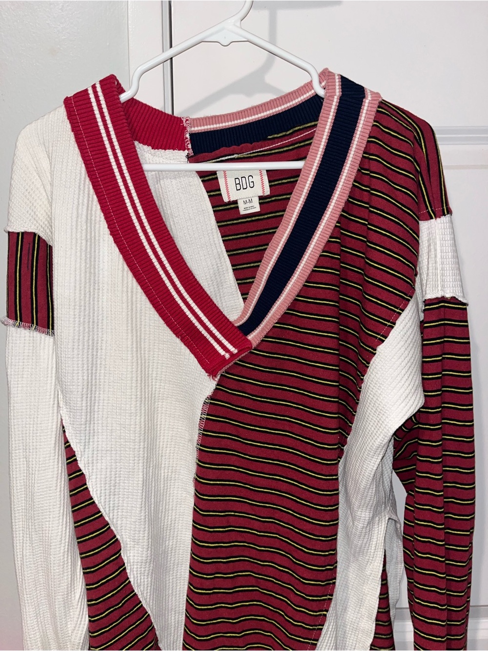 BDG Striped V-Neck Sweater in Burgundy, White, Navy & Pink
